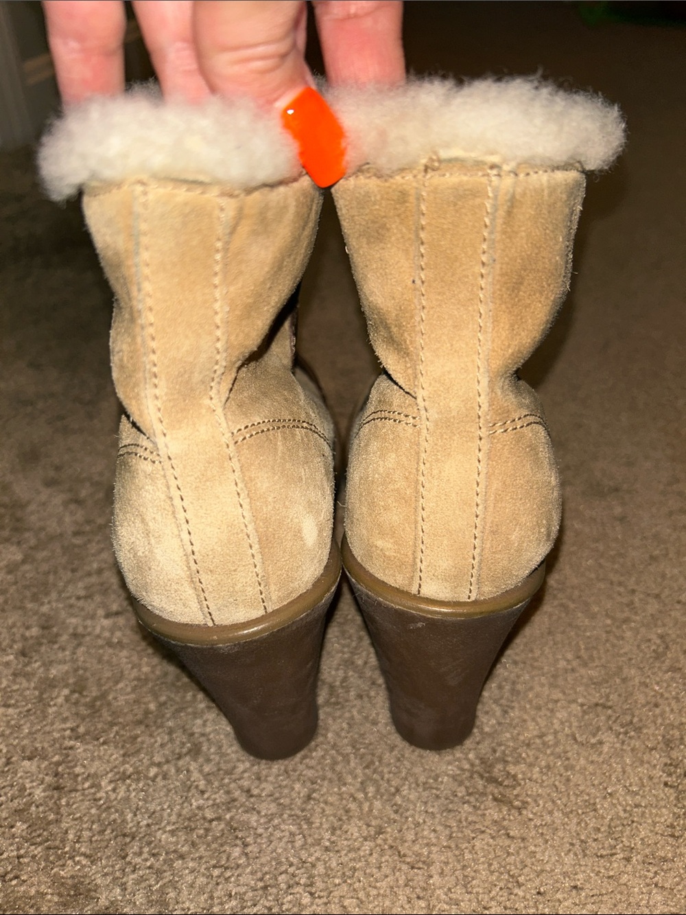 Coach Lenora Tan Suede Shearling-Trim Block Heel Boots - Picture 4 of 10